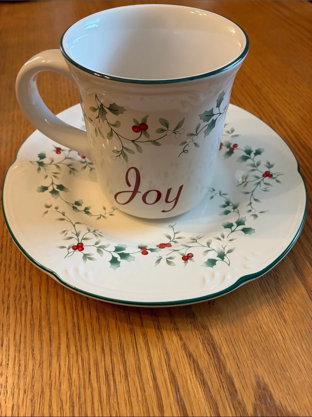 Pfaltzgraff Winterberry PEACE & JOY Mugs & Saucers - Picture 2 of 10